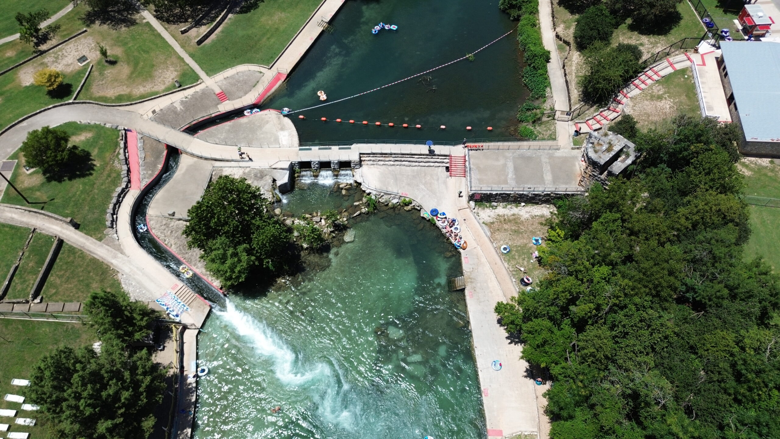 Aerial view of the Comal River Tube Chute in New Braunfels Texas