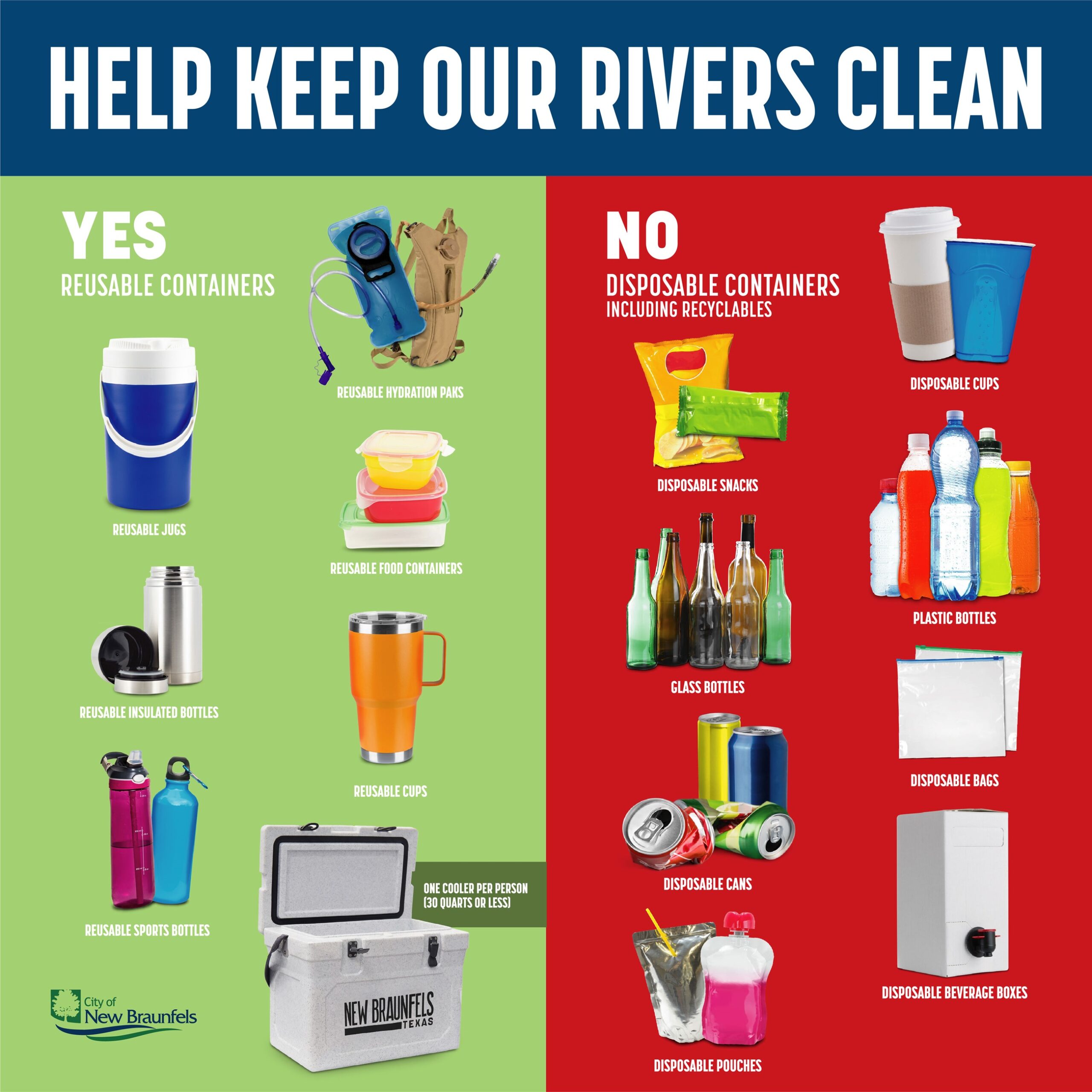 City of New Braunfels official container ban infographic showing allowed and prohibited items on the Comal River