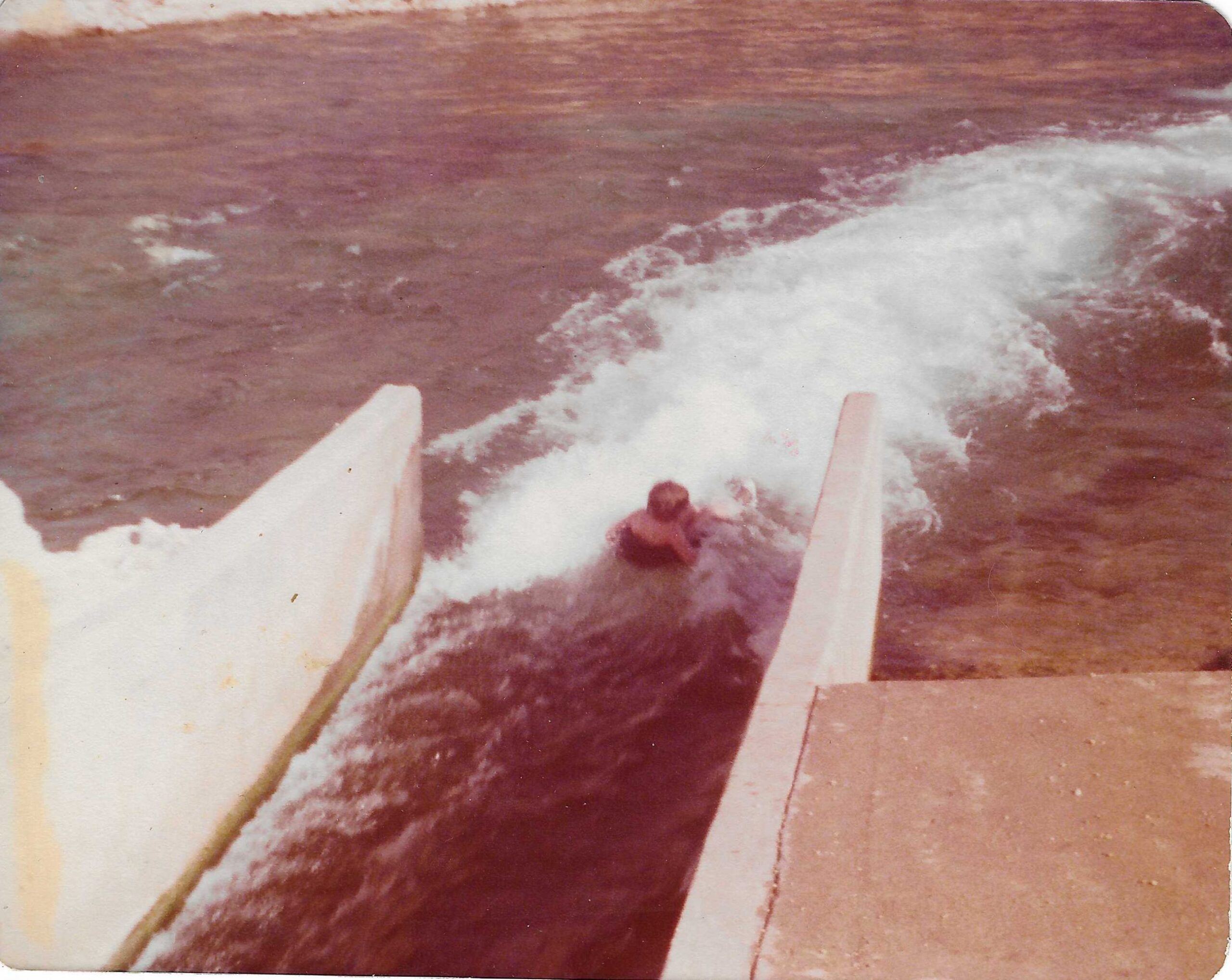 Historical 1977 photograph of the exit of the Comal River Tube Chute in New Braunfels Texas