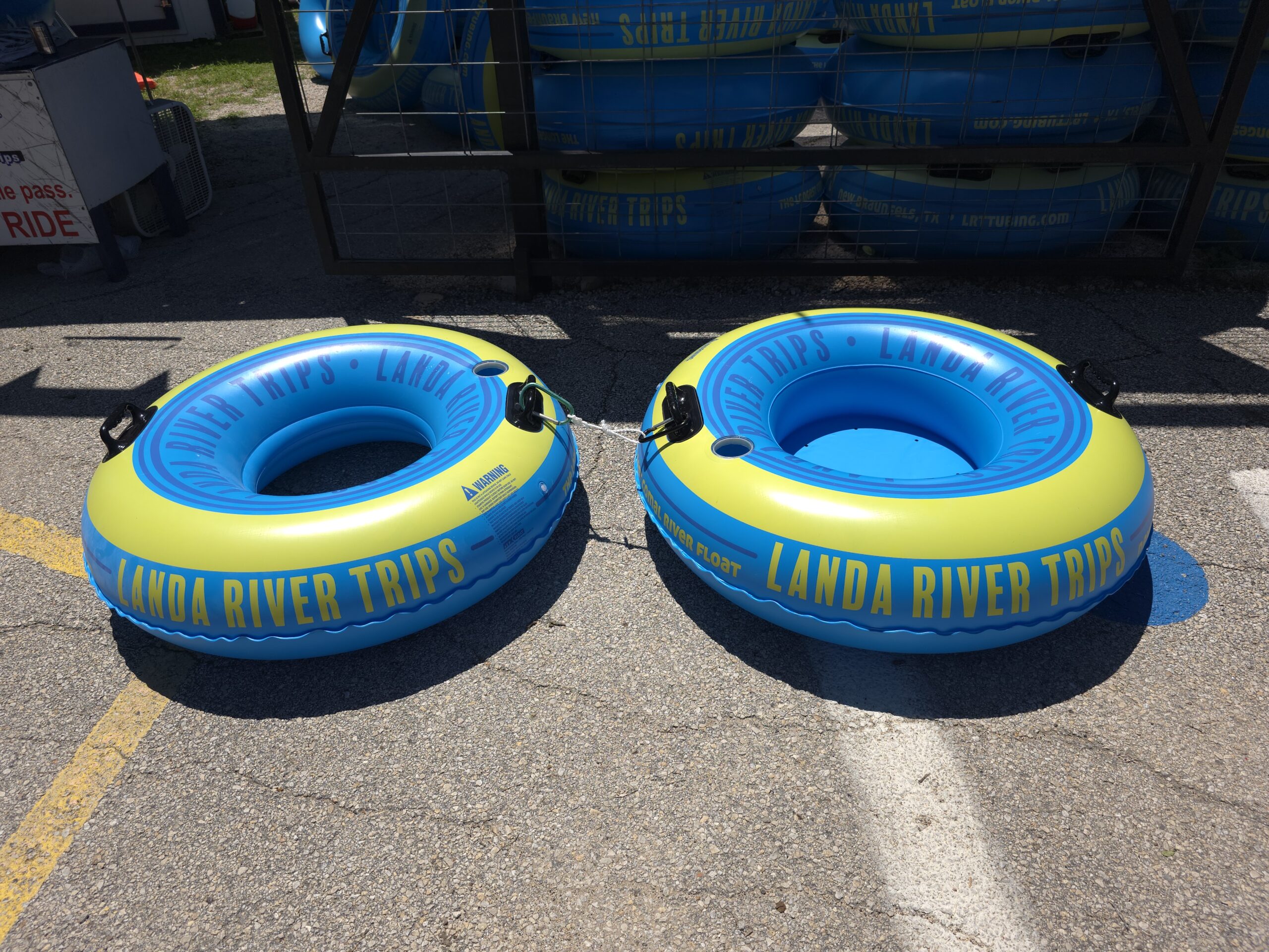 Landa River Trips branded tube rentals on the Comal River in New Braunfels Texas - open bottom and vinyl bottom tubes available
