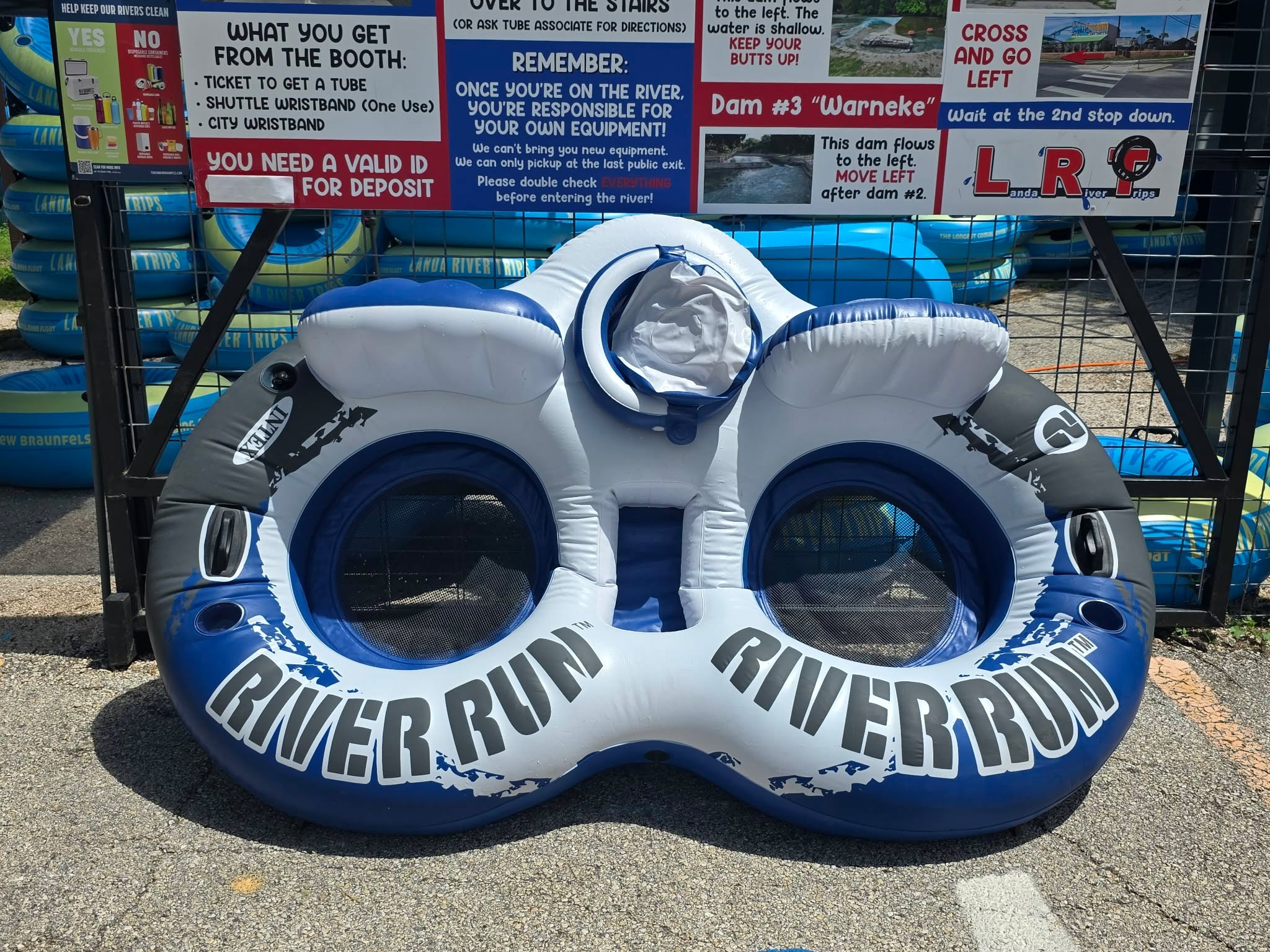 Double tandem tube not allowed on the Comal River New Braunfels per city ordinance prohibiting tubes over 5 feet in diameter