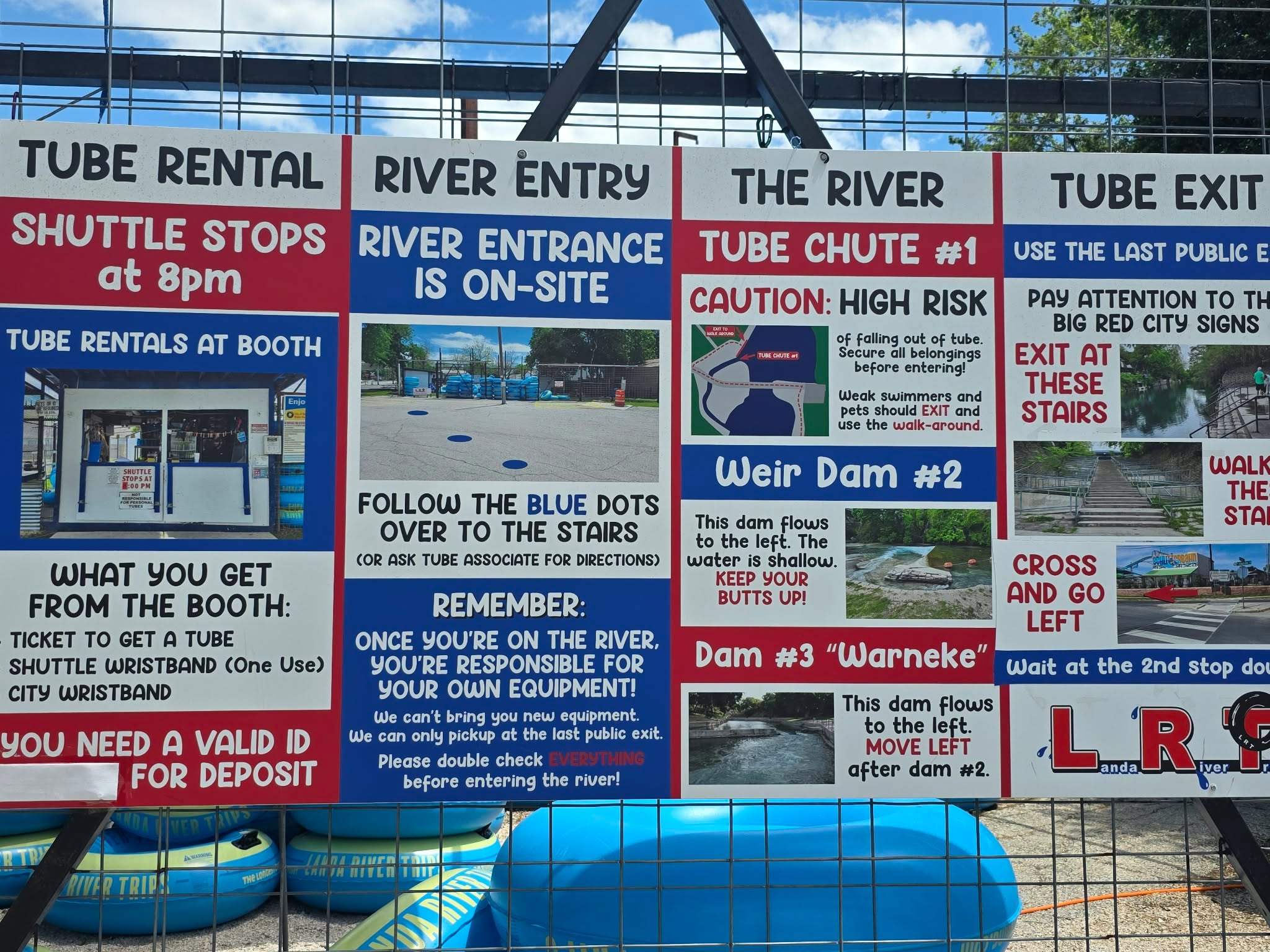 Landa River Trips river navigation guide sign showing tube rental river entry tube chute dams and tube exit instructions for Comal River New Braunfels Texas