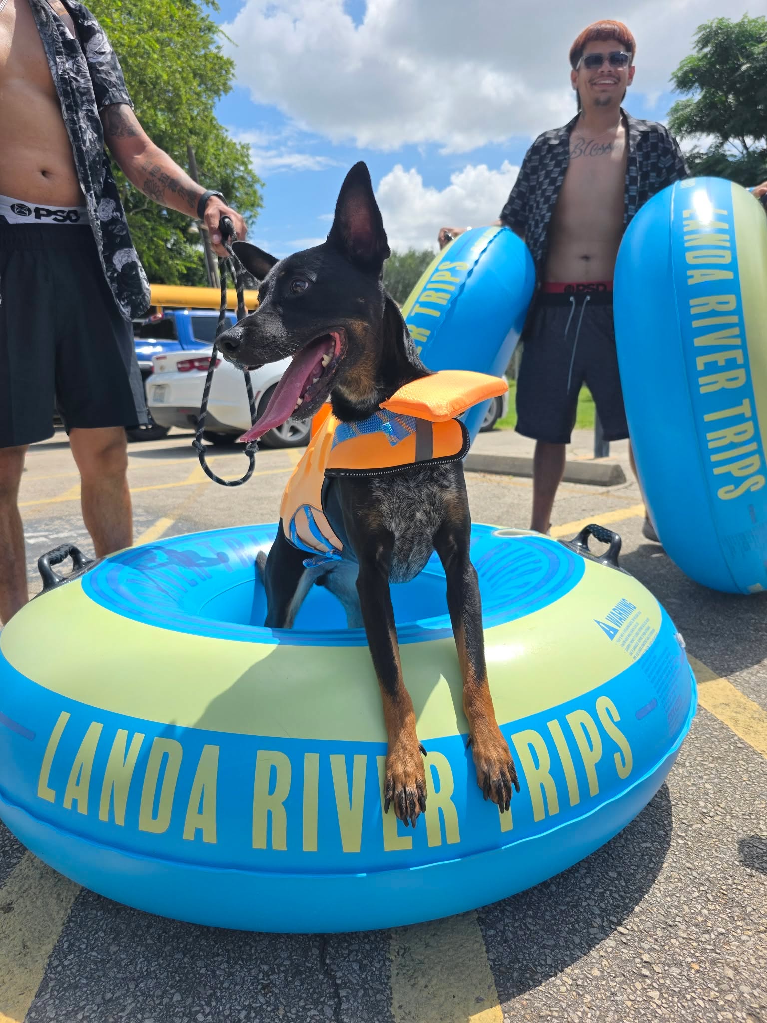 Dog wearing an orange life jacket in a Landa River Trips tube with guests holding tubes nearby